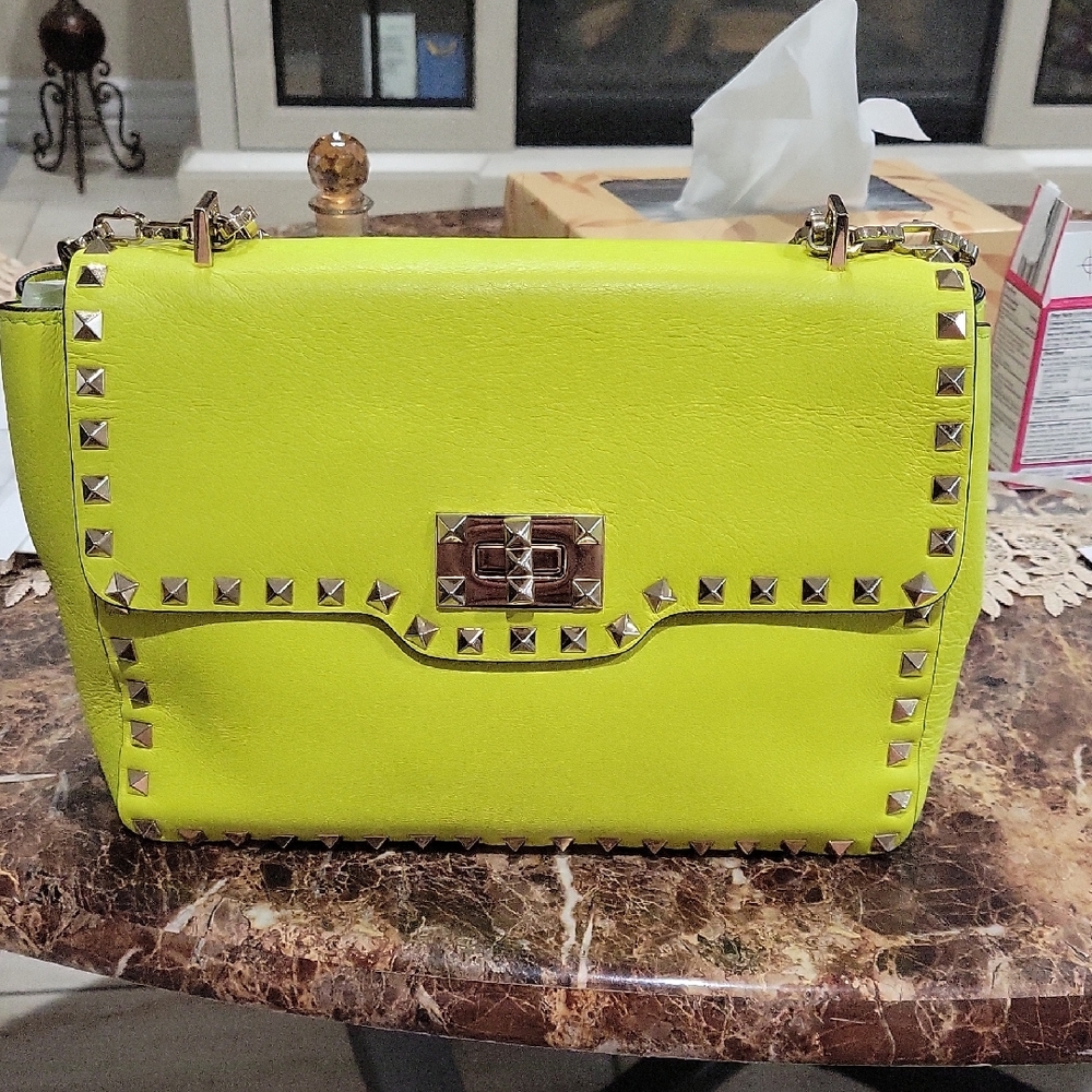 Valentino Neon Green Studded Shoulder Bag
